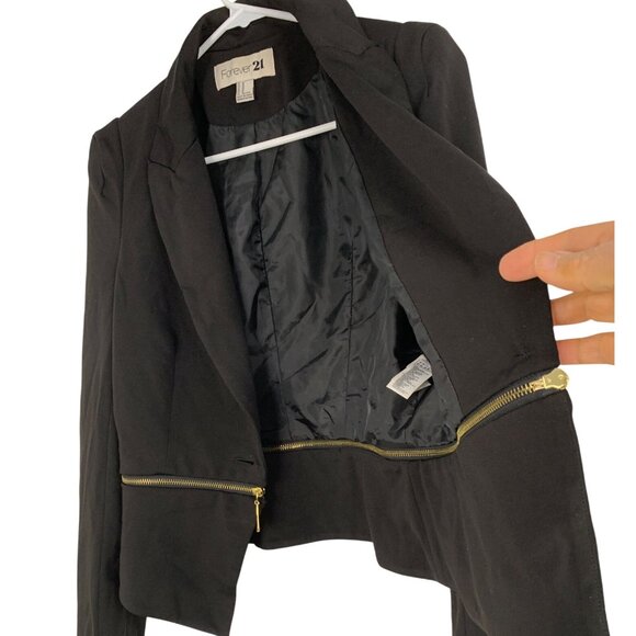 Forever21 Black Fitted Blazer Jacket M Zip Away Hem Crop RY10373 - Picture 7 of 9